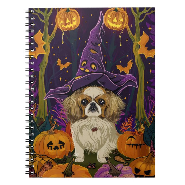 Spooky Pekingese Hund Halloween Witch och Pumpkin Anteckningsbok (Framsidan)