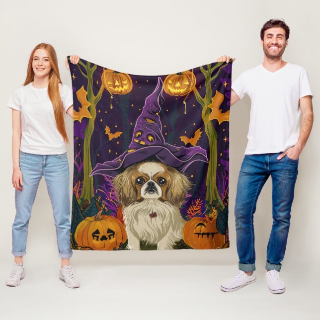 Spooky Pekingese Hund Halloween Witch och Pumpkin Fleecefilt (På plats)