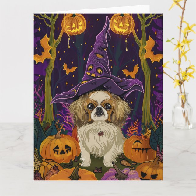 Spooky Pekingese Hund Halloween Witch och Pumpkin Kort (Gul blomma)