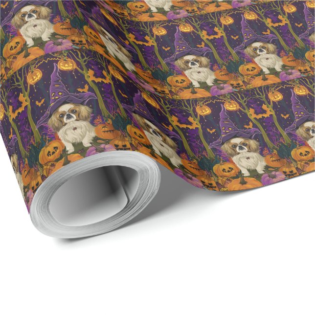 Spooky Pekingese Hund Halloween Witch och Pumpkin Presentpapper (Rulle Hörn)