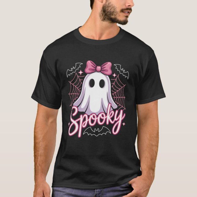 Spooky Pink Halloween Ghost Spider Webs Kids Youth T Shirt (Framsida)