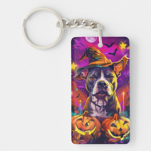 Spooky Pitbull Hund Halloween Witch och Pumpkin (Framsidan)