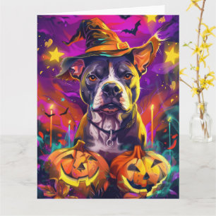 Spooky Pitbull Hund Halloween Witch och Pumpkin Kort