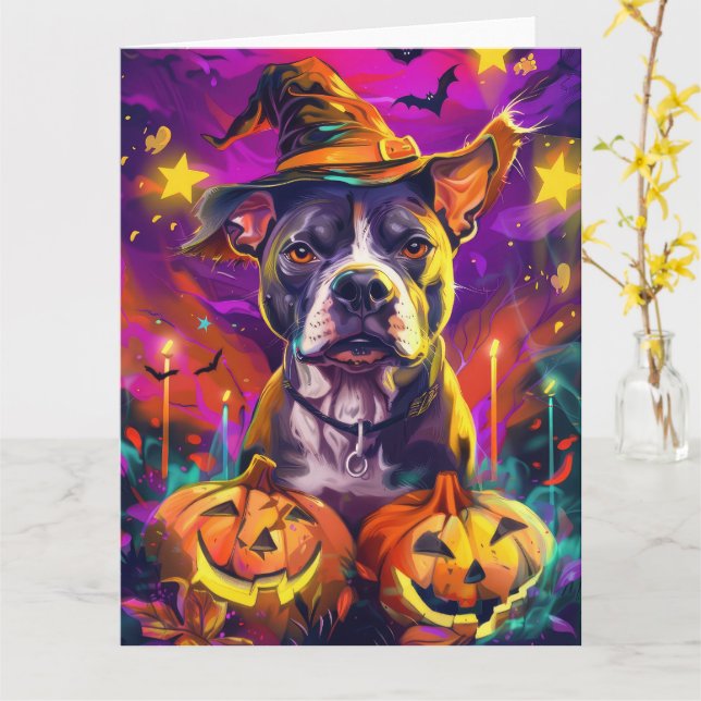 Spooky Pitbull Hund Halloween Witch och Pumpkin Kort (Gul blomma)