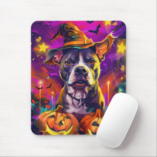 Spooky Pitbull Hund Halloween Witch och Pumpkin Musmatta