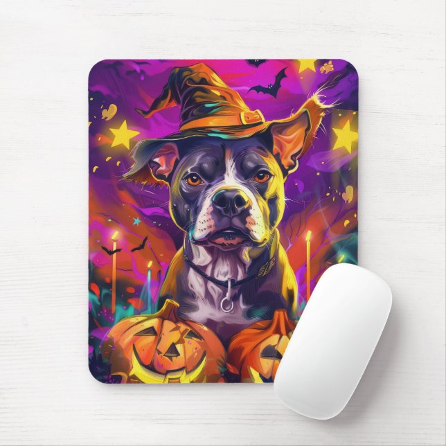 Spooky Pitbull Hund Halloween Witch och Pumpkin Musmatta (Med mus)