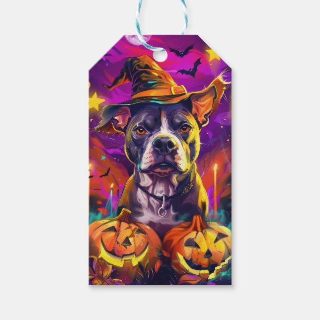 Spooky Pitbull Hund Halloween Witch och Pumpkin Presentetikett (Framsidan)