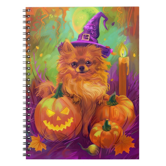 Spooky Pommern Hund Halloween Witch och Pumpkin Anteckningsbok (Framsidan)