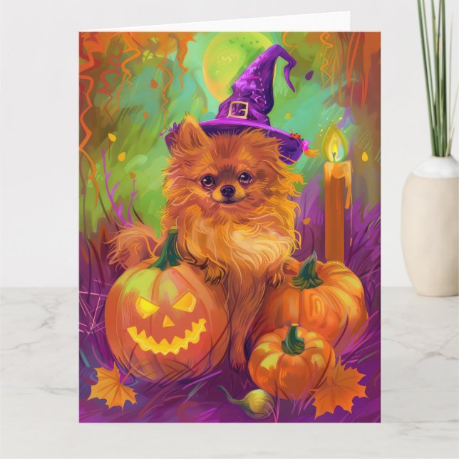 Spooky Pommern Hund Halloween Witch och Pumpkin Kort (Framsida)