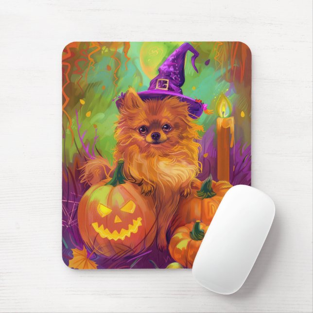 Spooky Pommern Hund Halloween Witch och Pumpkin Musmatta (Med mus)