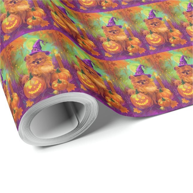 Spooky Pommern Hund Halloween Witch och Pumpkin Presentpapper (Rulle Hörn)