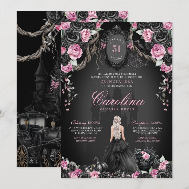 Spooky Princess Gothic Halloween Quinceanera Inbjudningar (Fram/baksida)