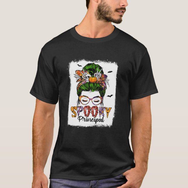 Spooky Principal Leopard Messy Bun Skull Witch Hal T Shirt (Framsida)