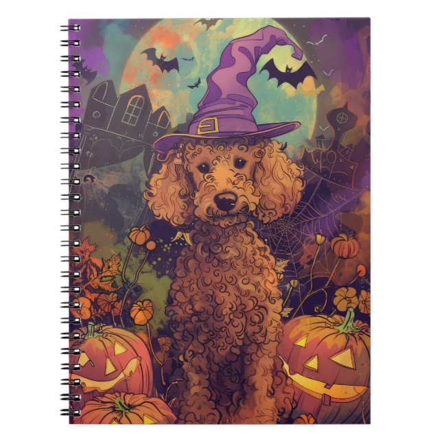 Spooky Pudel Hund Halloween Witch och Pumpkin Anteckningsbok (Framsidan)