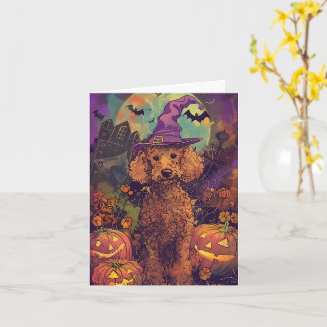 Spooky Pudel Hund Halloween Witch och Pumpkin Kort (Gul blomma)