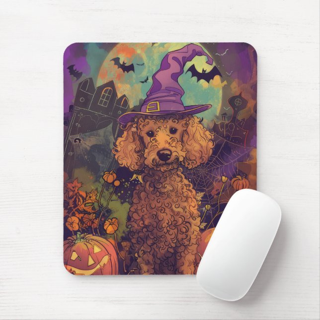 Spooky Pudel Hund Halloween Witch och Pumpkin Musmatta (Med mus)