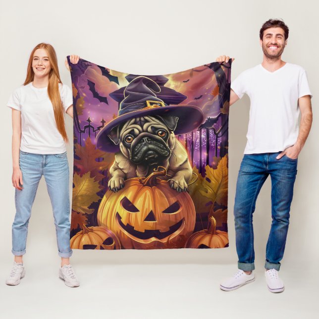 Spooky Pug Hund Halloween Witch och Pumpkin Fleecefilt (På plats)