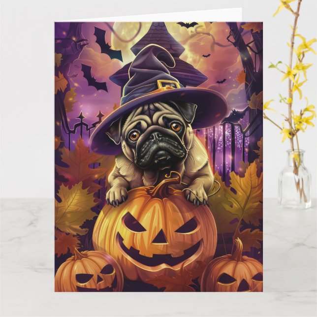 Spooky Pug Hund Halloween Witch och Pumpkin Kort (Gul blomma)