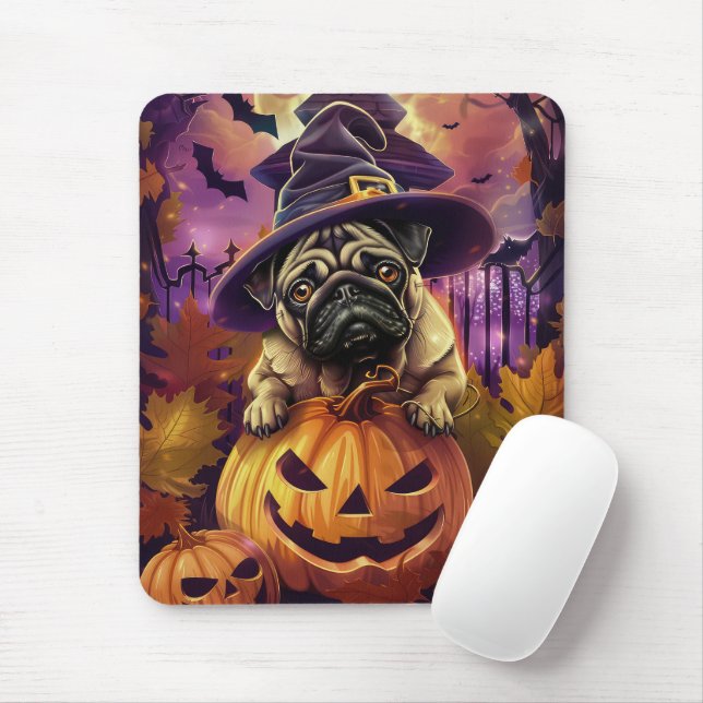 Spooky Pug Hund Halloween Witch och Pumpkin Musmatta (Med mus)