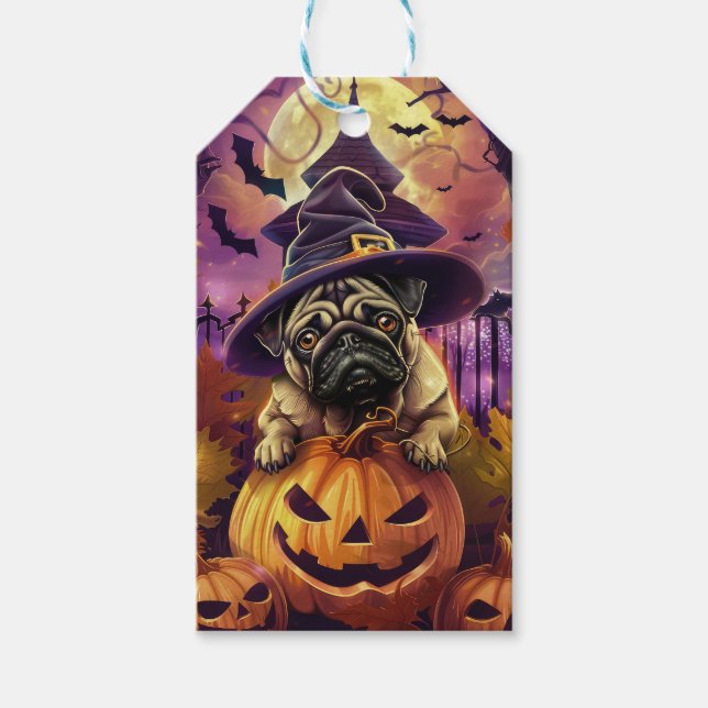 Spooky Pug Hund Halloween Witch och Pumpkin Presentetikett (Framsidan)