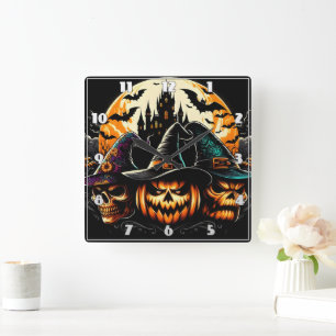 Spooky-pumpa visning med häxor och ett slott fyrkantig klocka
