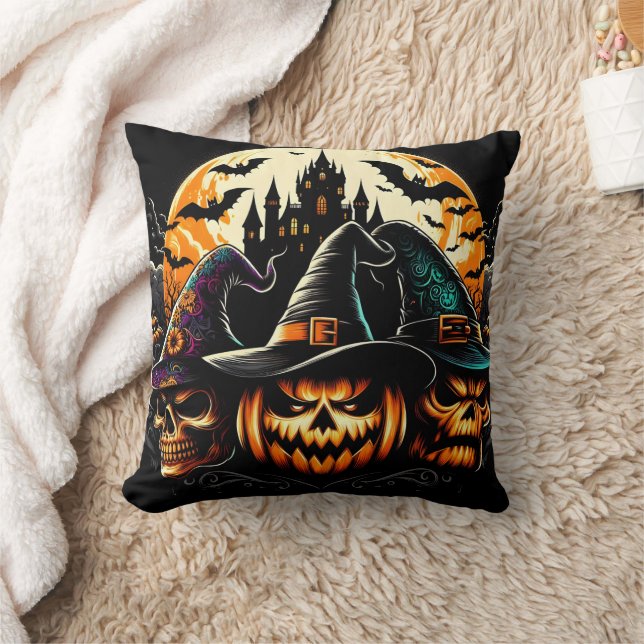 Spooky-pumpa visning med häxor och ett slott kudde (Filt)