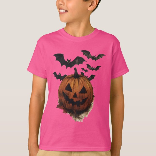 Spooky Pumpkin & Bats Halloween Art T Shirt (Framsida)