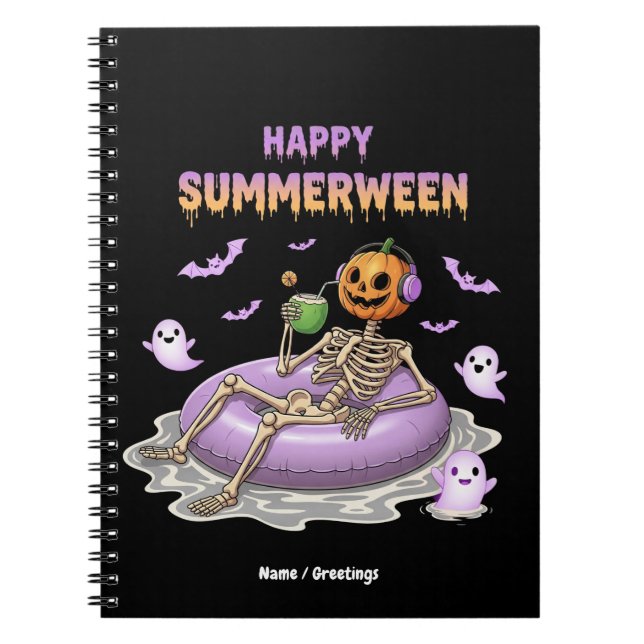 Spooky Pumpkin Faced Skeleton Fun Happy Summerween Anteckningsbok (Framsidan)