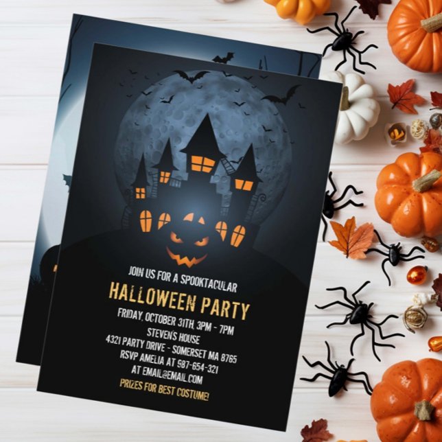 Spooky Pumpkin Halloween med hemsökt hus och Måne Inbjudningar (Skapare uppladdad)