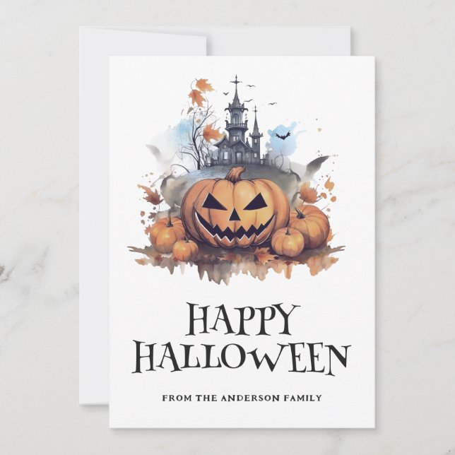 Spooky Pumpkin Haunted House Happy halloween Card Julkort (Framsida)
