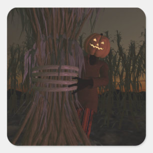 Spooky Pumpkin Head Fågelskrämma Fyrkantigt Klistermärke
