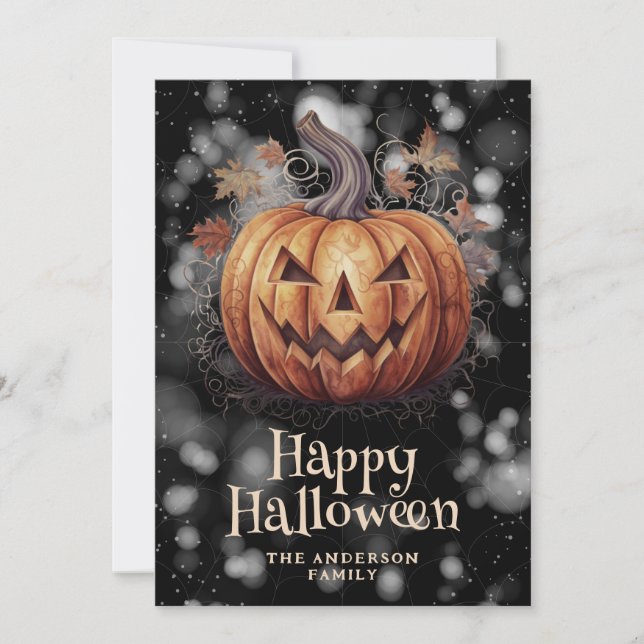 Spooky Pumpkin Höst löv Happy halloween Card Julkort (Framsida)