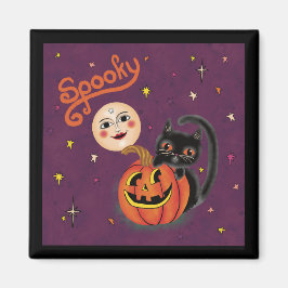 Spooky Pumpkin Kitten Måne - Mörk Lila Magnet