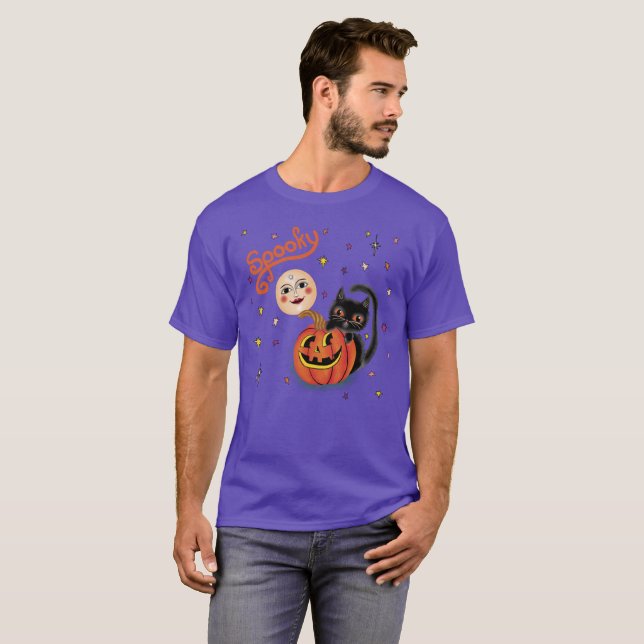 Spooky Pumpkin Kitten Måne T Shirt (Hel framsida)