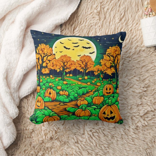 Spooky Pumpkin Patch: Tecknad Natt Kudde (Filt)