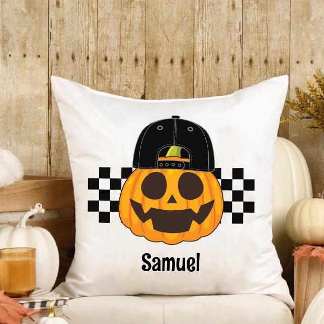 Spooky Pumpkin, Retro Boys Namn Fall Halloween Kudde (Spooky Pumpkin Dude Retro Boys Name Fall Halloween Throw Pillow)