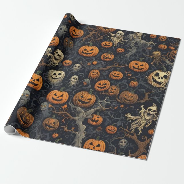 Spooky Pumpkins och Scary Spöken Presentpapper (Utrullad)