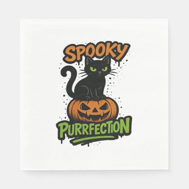 Spooky Purrfection - Cute Black Cat på Pumpkin Hal Pappersservett (Framsidan)