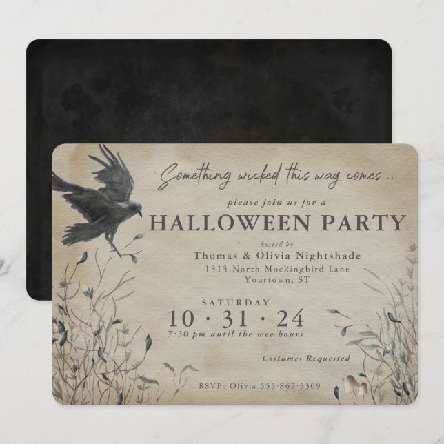 Spooky Raven Halloween | Något har gått Inbjudningar (Fram/baksida)
