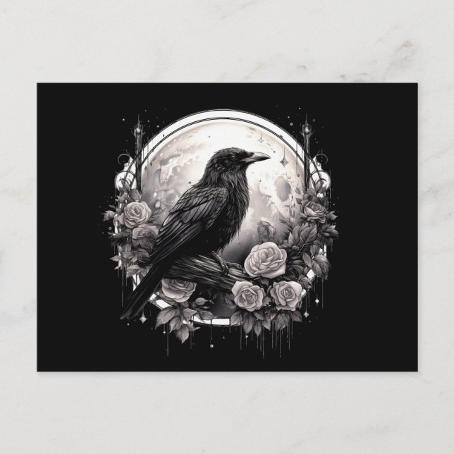 Spooky Raven Kråka, Måne & Ro Gothic Illustration Vykort (Framsida)