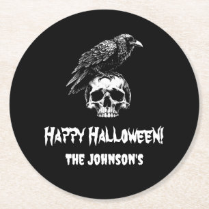 Spooky Raven Skull Halloween Papper Underlägg Rund