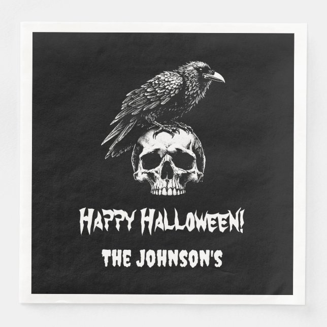 Spooky Raven Skull Halloween Pappersservett (Framsida)