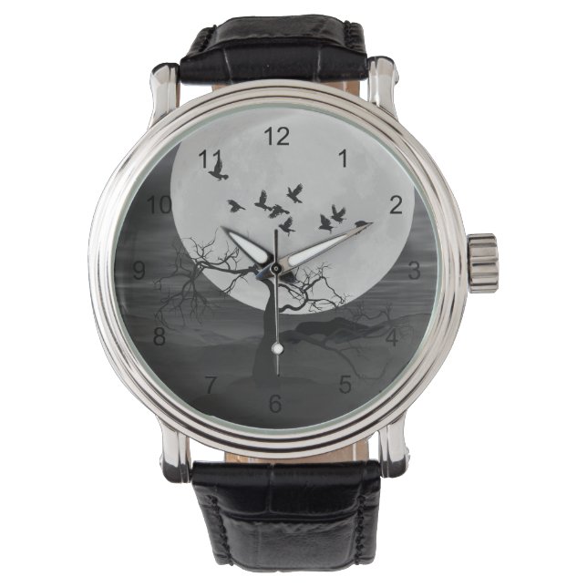 Spooky Ravens flyger mot hela månen Armbandsur (Framsida)