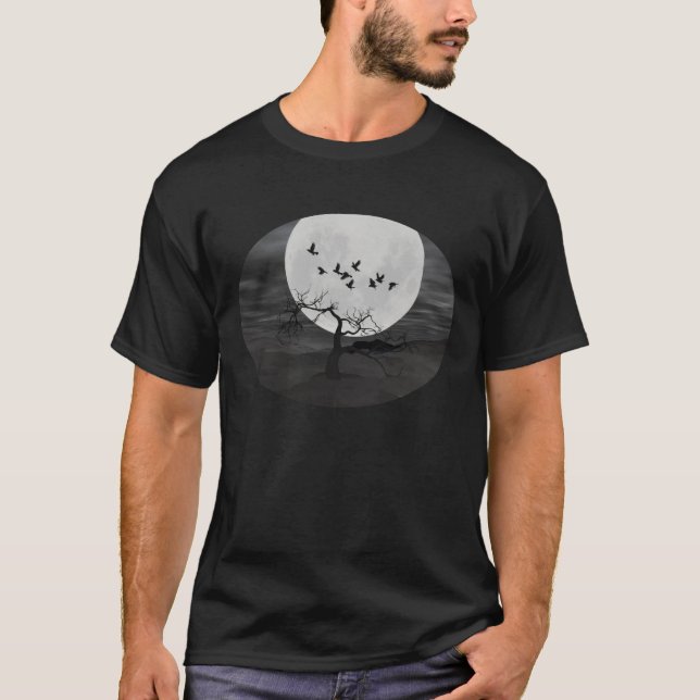 Spooky Ravens flyger mot hela månen T-shirt (Framsida)