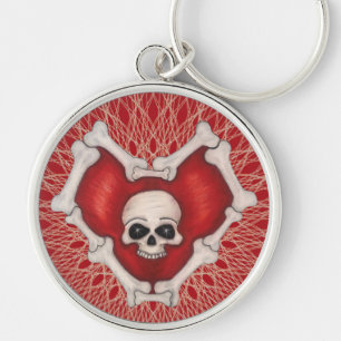 Spooky Red Heart konturerat i vit benskal Rund Silverfärgad Nyckelring