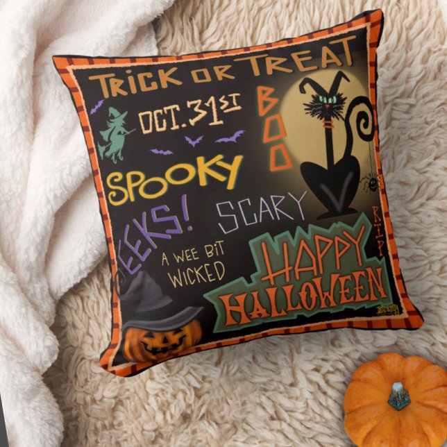 Spooky Roligt Cute Halloween Black Cat Pumpkin Kudde (Fun Halloween pillow by Inspirivity)