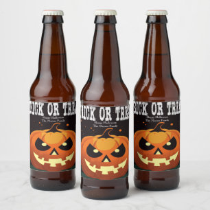 Spooky Roligt Evil Pumpkin Bus eller godis Ölflaska Etikett
