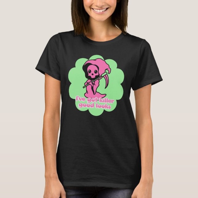 Spooky Roligt Grim Reaper Rosa & Grönt T Shirt (Framsida)