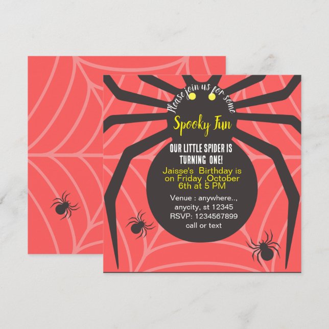 SPOOKY ROLIGT SPIDER BIRTHDAY ANPASSNINGSBAR INVIV (Fram/baksida)