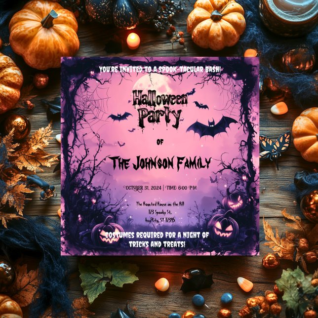 Spooky Rosa Halloween fest med Pumpkins och Fladde Inbjudningar (Skapare uppladdad)